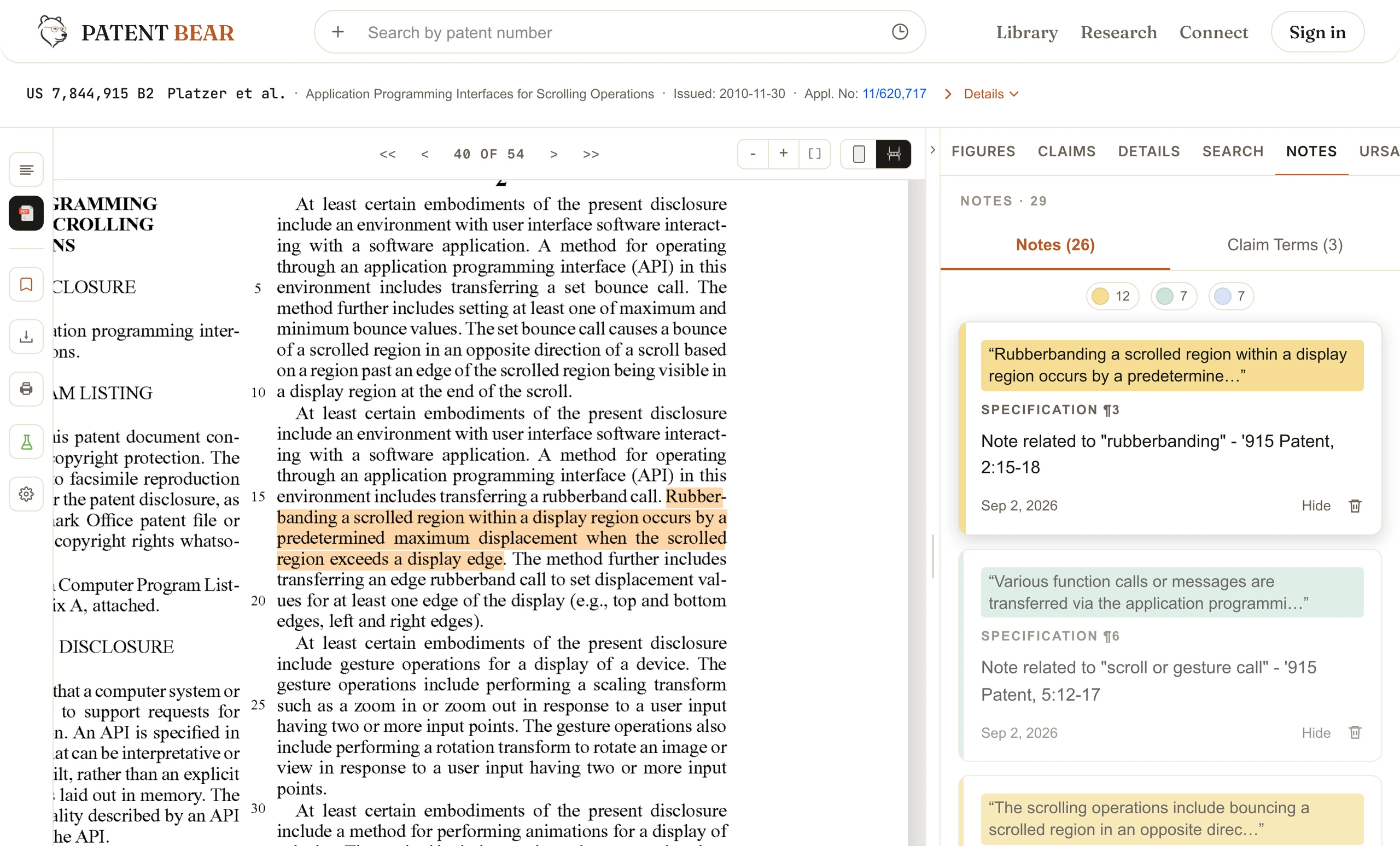 Patent Bear reader with the rubberbanding passage of US 7,844,915 highlighted at 2:15-18